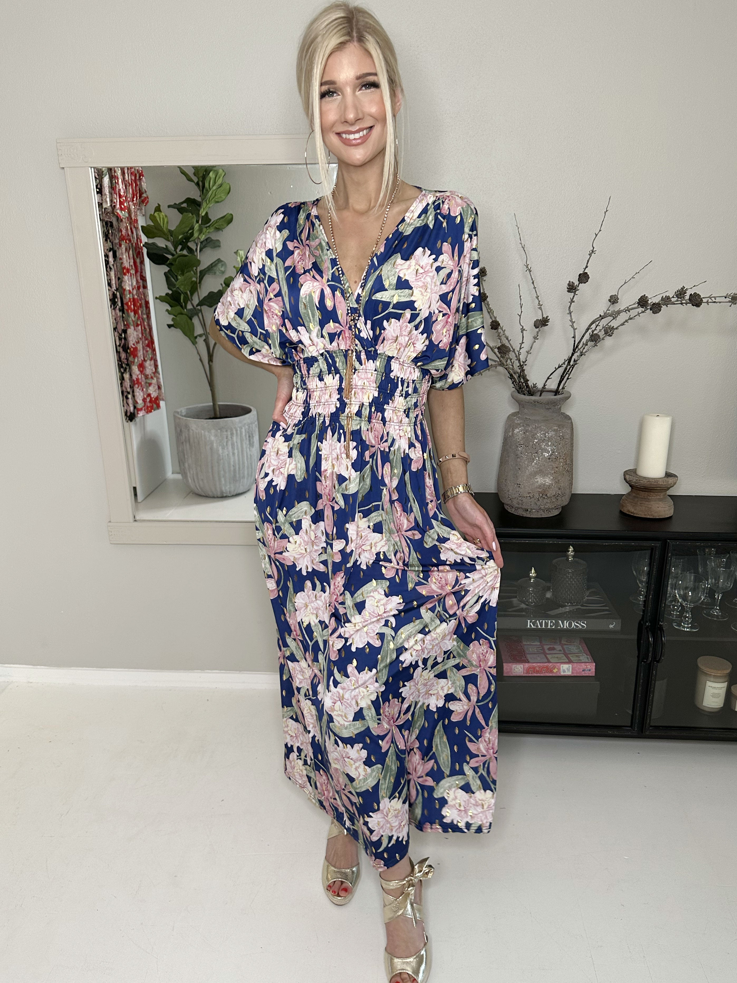 Pams Flower - Lång elastisk klänning i skrynkelfritt tyg